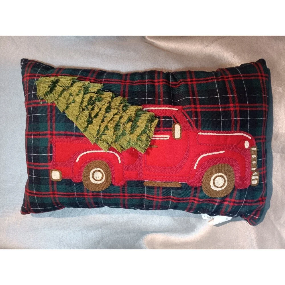 St Nicholas Square Christmas Farmhouse Red Truck w/Tree Throw Pillow